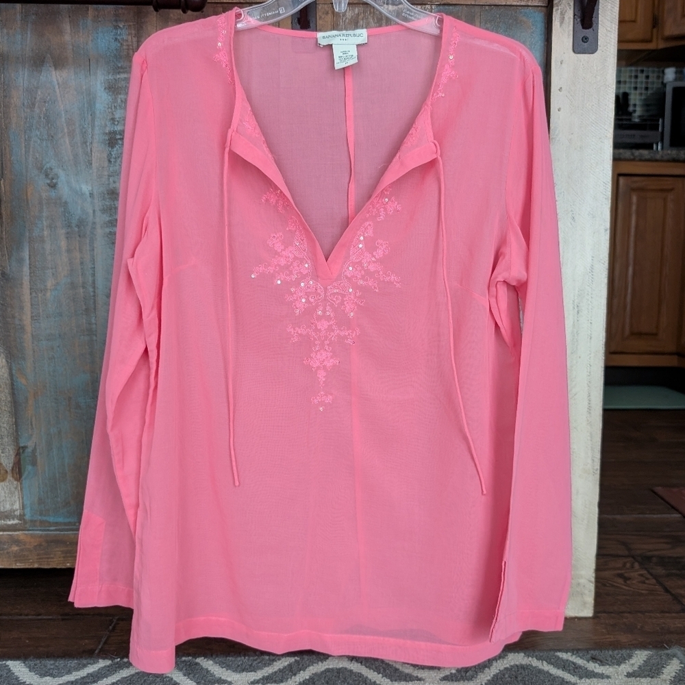 Banana Republic Pink Sheer Embroidered Sequin Tunic Blouse - Women's Medium